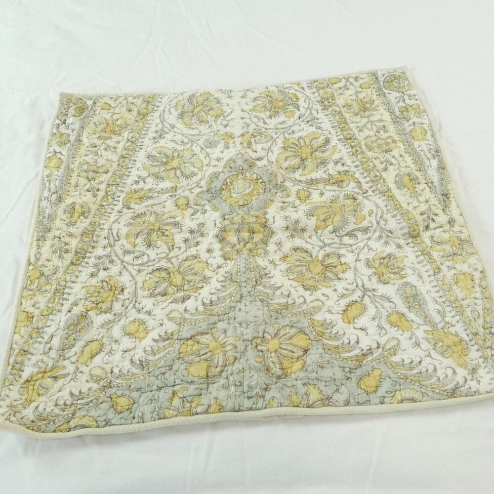 Pottery Barn Quilted Pillow Sham Euro‎ Square Yellow Floral Scroll Boho Neutral